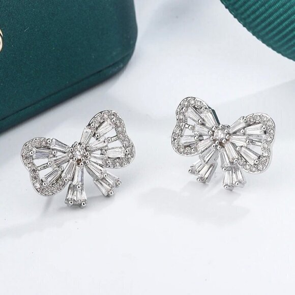 New 14K White Gold Plated Delicate Women’s CZ Pave Bow Stud Earrings - Picture 3 of 11